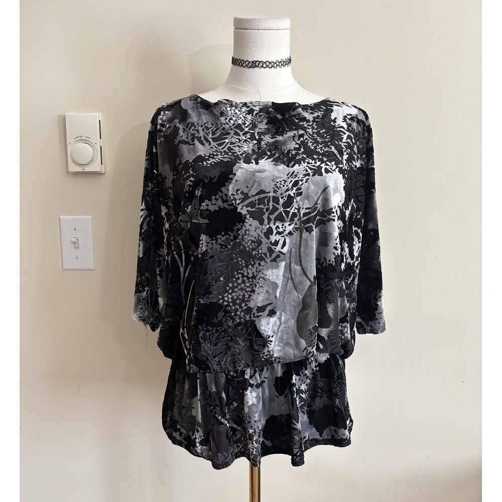 Dressbarn Burnout Velvet Top Womens XL Gray Black Whimsigoth 90s Floral Witchy